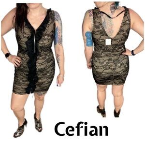Cefian black and nude lace ruffle bodycon dress